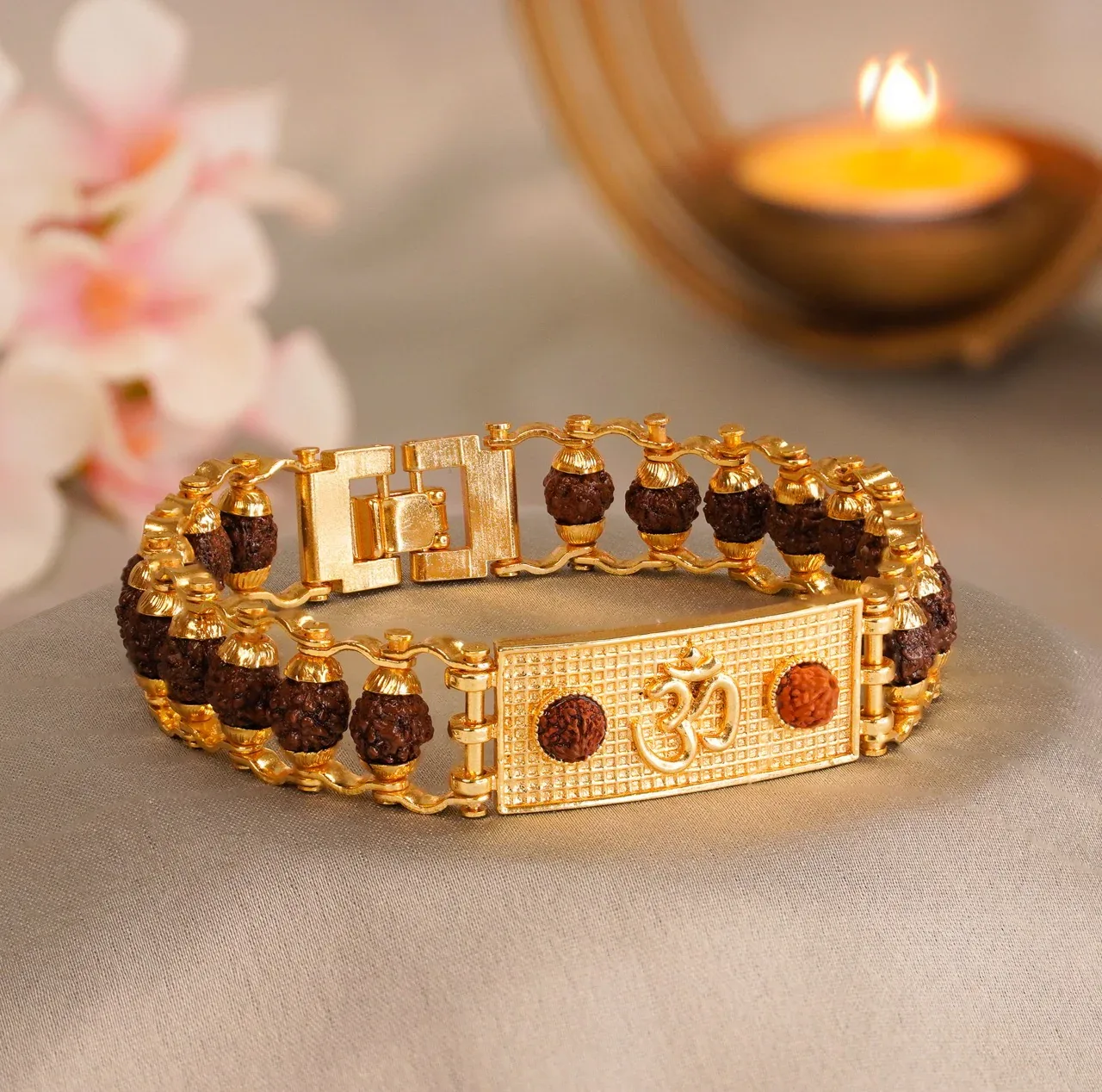 Gold-Plated Om Rudraksha Bracelet – Divine Protection & Style