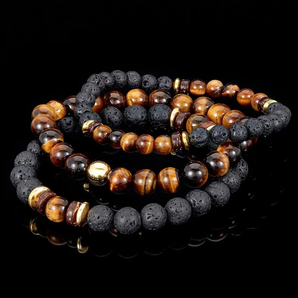 Triple Energy Protection Bands – Tiger Eye, Lava Stone & Onyx Bracelet Set