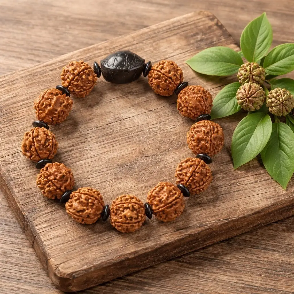 Natural Rudraksha Healing Bracelet with Black Bead Accent